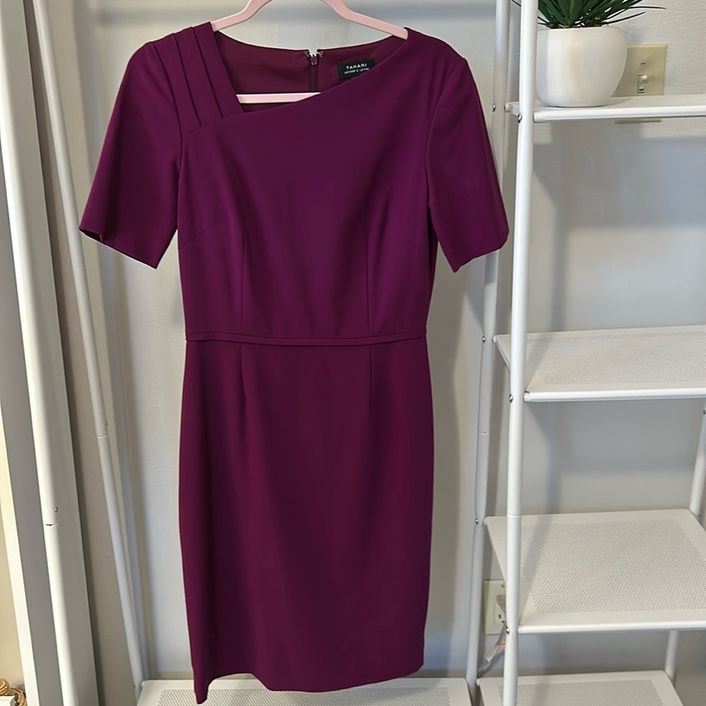 Tahari fuchsia dress with asymmetrical neckline